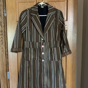 Vintage - Striped Long Tailored Coat Dress in Brown and Teal